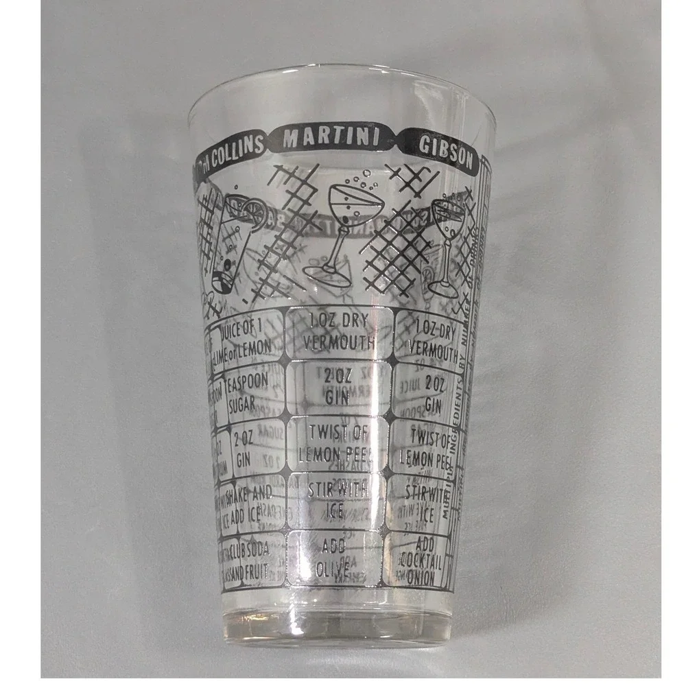 Vintage Cocktail Shaker Glass Black Recipe Print Mid Century Barware 12oz